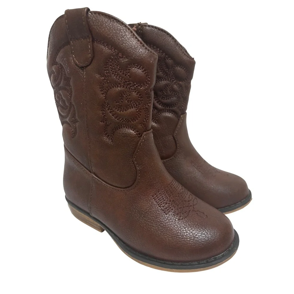 Cat & Jack Toddler Brown Faux Leather Western Cowboy Boots Sz 8 Side Zip boho